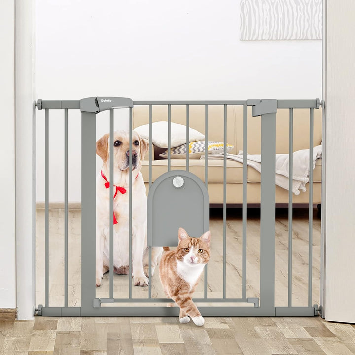 Baby Gate with Adjustable Cat Door,29-43" Auto Close Durable Pet Door for Stairs,Doorways and House,Pressure Mounted,Easy Install,Effortless Walk Thru,White