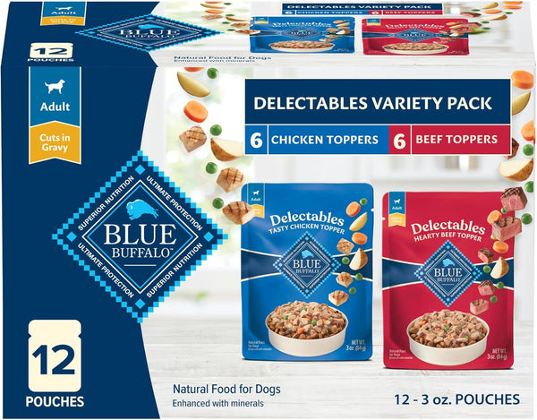 Delectables Natural Wet Dog Food Toppers Variety Pack, Tasty Chicken & Hearty Beef, Cuts in Gravy, 3-Oz. (12 Pouches, 6 of Each Flavor)