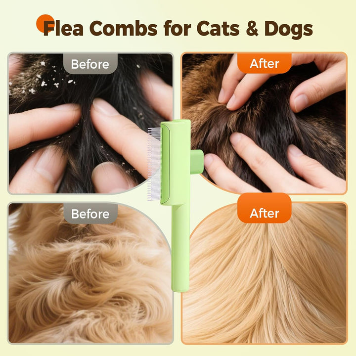 Pet Hair Removal Comb Flea Combs for Cats and Dogs, Pet Flea Comb Grooming Brush with One-Click Release Button, Dog Cat Deshedding Brush for Short & Long Hair (Blue & Green)