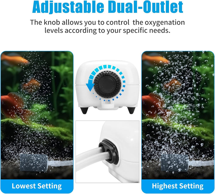 Aquarium Air Pump, Fish Tank Air Bubbler, Adjustable Dual-Outlet Hydroponic Oxygen Aerator with Air Stones, Airline Tubing, Check Valves