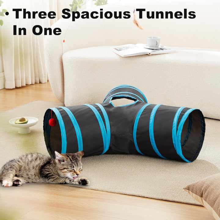 Cat Tunnel Tube Toys 3 Way Collapsible, Cat Tunnels for Indoor Cats，Kitten Tunnel Bored Pet Play Tunnel with Peek Hole Toy Ball for Kitty, Kitten, Rabbit, Puppy Blue