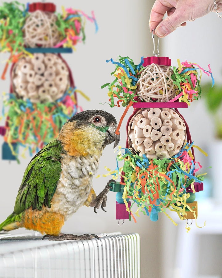 2PCS Bird Parrot Foraging Shredder Hanging Toys Sola Balls Sepak Takraw with Pacifier for Small Parrots Parakeets Conures Cockatiels Love Birds Cage Toy