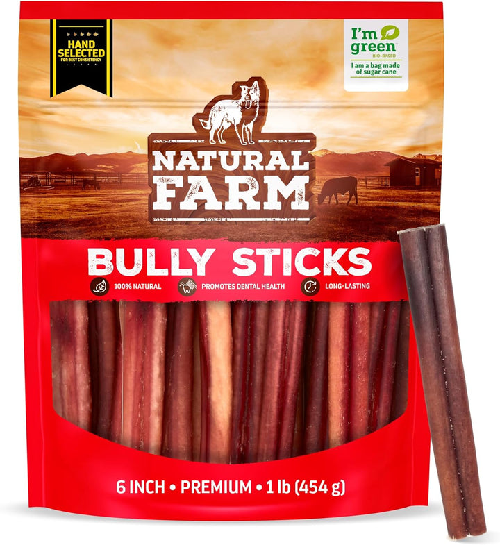 Odor-Free Bully Sticks (6 Inch, 25 Pack), 1.3 Lb. Bag, Fully Digestible 100% Beef Pizzle Chews, Grass-Fed, Non-Gmo, Grain-Free, Natural Long-Lasting Chews for Small & Large Dogs