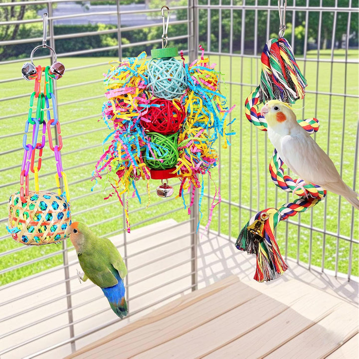 Bird Toys for Parakeet， Parrot Conure Chewing Shredding Foraging Toys with Rope Perch, Bird Cage Accessories for Cockatiel Budgies Lovebird