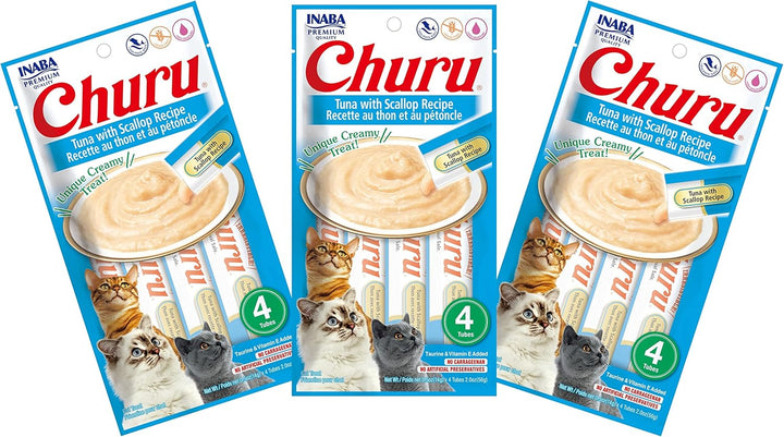 Churu Cat Treats, Grain-Free, Lickable, Squeezable Creamy Purée Cat Treat/Topper with Vitamin E & Taurine, 0.5 Ounces Each Tube, 4 Tubes, Tuna with Salmon Recipe