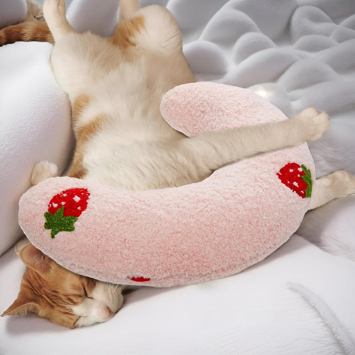 Cat Calming Pillow for Indoor Pets - Soft Fluffy Cat & Dog Bed - Anxiety Relief with Cute Embroidery Pattern (Pink, Strawberry)