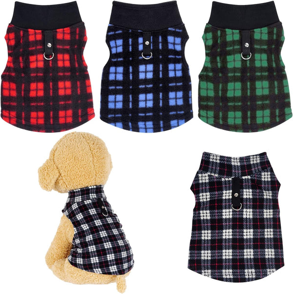4 Buffalo Plaid Dog Sweaters with Leash Ring Soft Fleece Vest Pullover Warm Jacket Pet Clothes Winter Outfits for Small Puppy Cat Pets (Small)