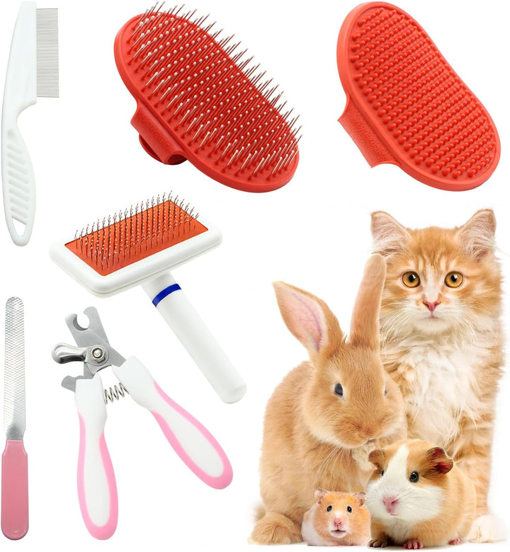 Pet Grooming Kit with Slicker Brush Bath Massage Glove Brush Pet Shedding Comb Nail Clipper Trimmer 6 Piece Set for Rabbit Kitten Guinea Pig Cat Chinchilla Ferret Small Animals