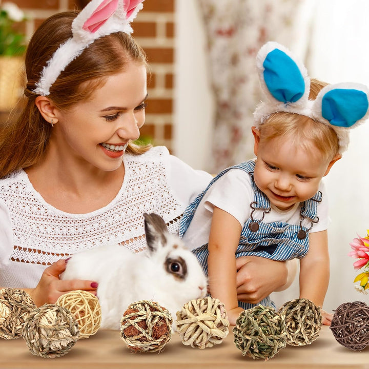 Bunny Chew Grass Balls, (8 Pcs) Rolling Chew Toys for Small Animals, Natural Chew Grass Toys and Bunny Treats for Rabbits, Guinea Pigs, Chinchillas, Hamsters, Mice Teeth Grinding