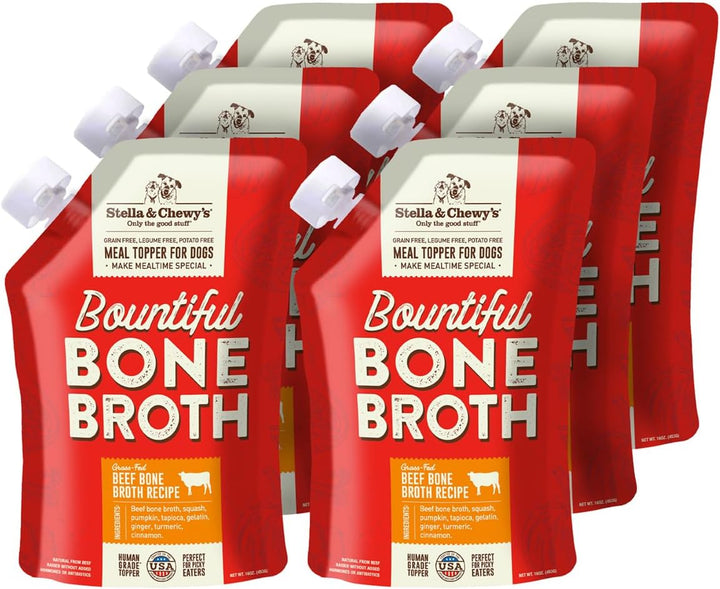 Human-Grade Grass-Fed Beef Bone Broth for Dogs - Joint & Gut Health Liquid Food Topper with Collagen & Turmeric, 16 Fl Oz Resealable Pouch