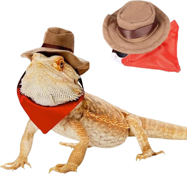 Bearded Dragon Cowboy Costume - Adjustable Lizard Cowboy Hat and Bandana Scarf Reptile Halloween Costume Photo Props for Gecko Chameleon Amphibians Ferret Hamster (Brown)