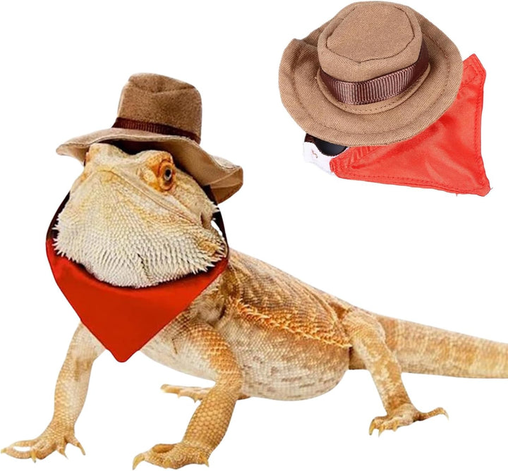 Bearded Dragon Cowboy Costume - Adjustable Lizard Cowboy Hat and Bandana Scarf Reptile Halloween Costume Photo Props for Gecko Chameleon Amphibians Ferret Hamster (Brown)