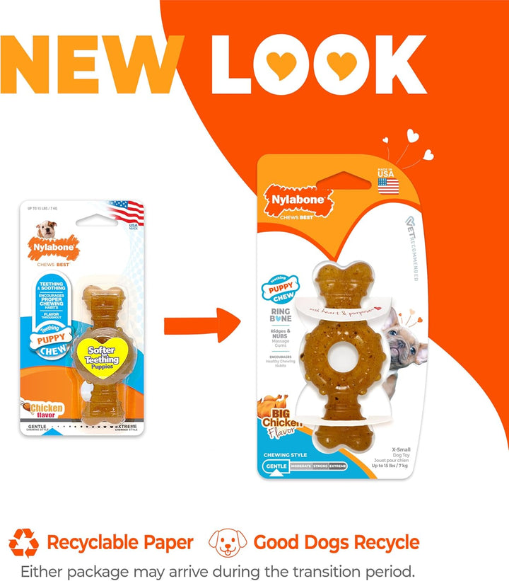 Ring Bone Chew Toy for Puppies, Puppy Teething Toys, Puppy Enrichment Toys, Chicken Flavor, X-Small Dogs - up to 15 Lbs, 1 Count