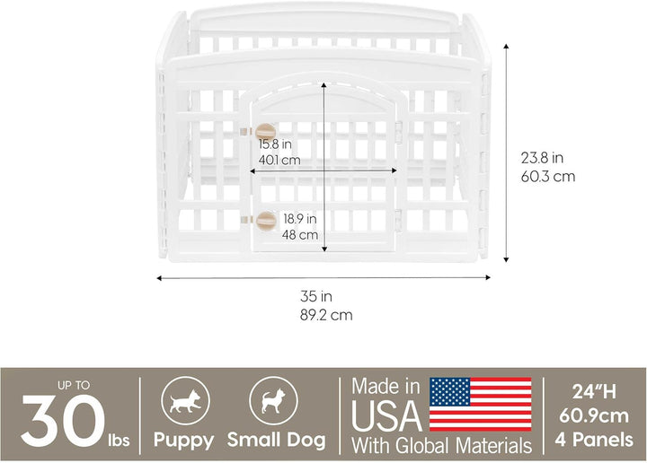 IRIS USA 24" 4-Panel Dog Playpen with Door, 35 X 35 X 24, Puppy Playpen, Dog Play Pen Indoors, Pet Fence, Puppies/Small Dogs, White