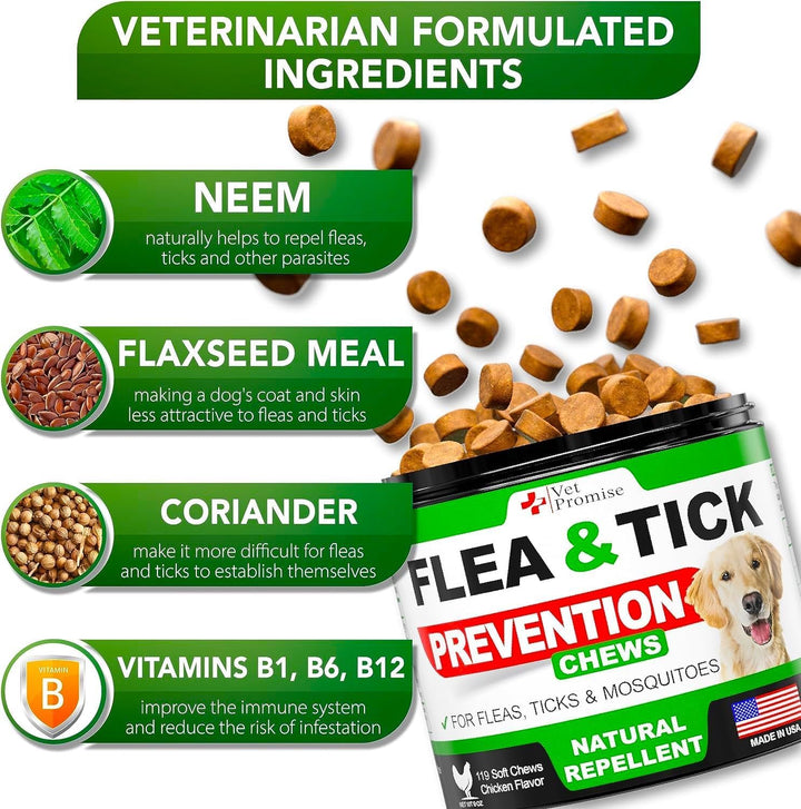 Flea and Tick Prevention for Dogs Chews - Natural Dog Flea and & Tick Control - Advanced Oral Pills Supplement Treatment for All Breeds & Size - Vet Formulated - Soft Chewables - Made in USA