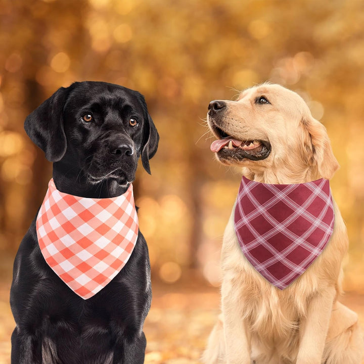 Fall Dog Bandanas 2Pcs-Large, Halloween Thanksgiving Pumpkin and Leaf Bibs Scarf, Reversible Buffalo Plaid Triangle Breed, Puppy Bandanas for Large Medium Girl Boy Dogs Pets Gift