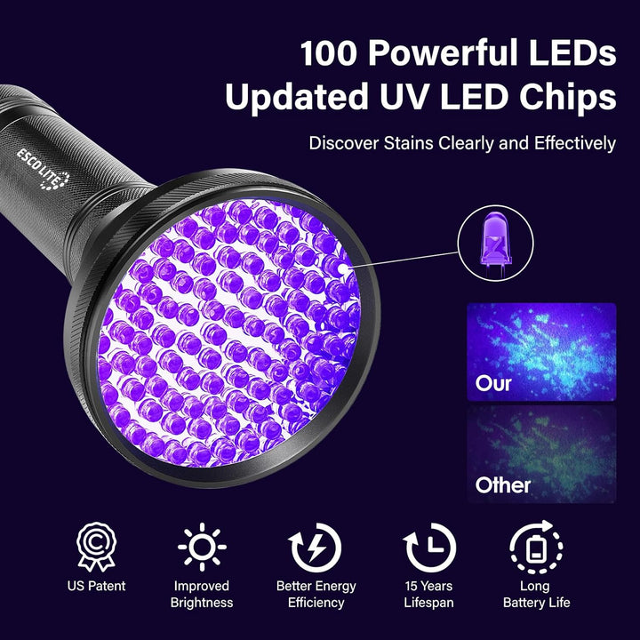 UV Flashlight Black Light, 100 LED 395 Nm Ultraviolet Flashlights UV Blacklight Detector for Dog Urine, Pet Stains and Bed Bug, Matching with Pet Odor Eliminator