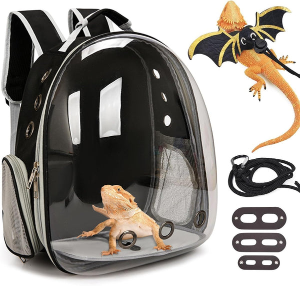 Bearded Dragon Carrier with Harness and Leash Set, Large Reptile Travel Carrier Portable Lizard Backpack Clear Small Animals Carrying Bag for Gecko Hamster Rabbit Hedgehog Kitten (Black)