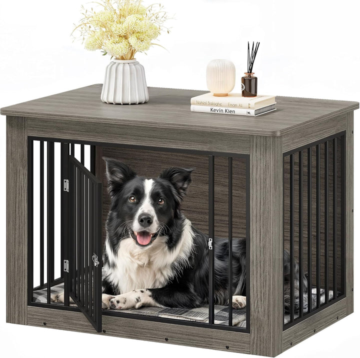 Dog Crate Furniture for Medium Dogs, Side End Table, Modern Dogs Kennel Indoor up to 35 Lb, 2-In-1 Iron-Wood Fusion Dog Cage with Waterproof Top, Safety Corners,Steel Lock,30" L,Greige