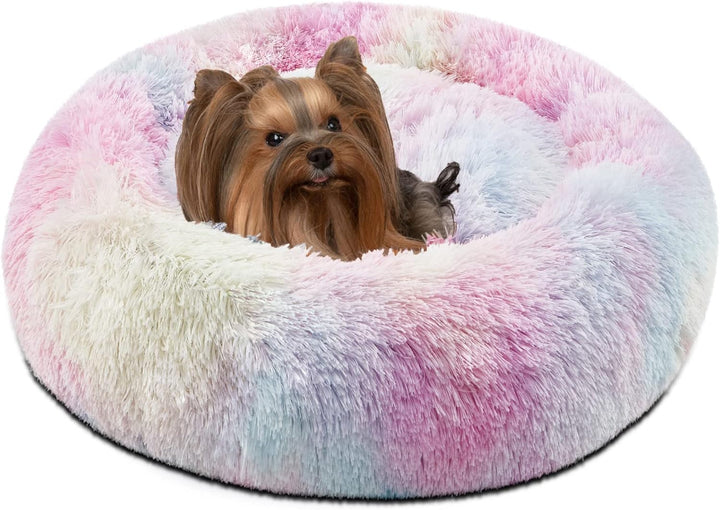 Donut Dog Bed Faux Fur Fluffy Calming Sofa for Medium Dogs, Soft & Plush anti Anxiety Pet Couch for Dogs, Machine Washable Coco Pet Bed with Non-Slip Bottom, 30"X30"X7" Ivory