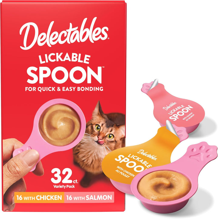 Delectables Lickable Spoon Handheld Wet Cat Treats Made with Real Salmon, Quick & Easy Creamy Puree, Mess Free, Grain-Free, No Added Fillers, No By-Products, No Added Preservatives, Variety Pack, 32Ct