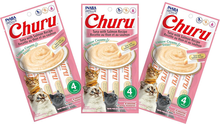 Churu Cat Treats, Grain-Free, Lickable, Squeezable Creamy Purée Cat Treat/Topper with Vitamin E & Taurine, 0.5 Ounces Each Tube, 4 Tubes, Tuna with Salmon Recipe