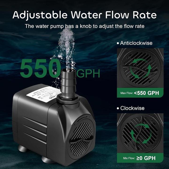 550GPH Submersible Pump 30W Fountain Water Pump, 2000L/H, with 7.2Ft High Lift, 3 Nozzles for Aquarium, Fish Tank, Pond, Hydroponics, Statuary