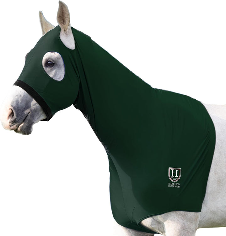 Horse Stretch Hood without Ears Snug Fitting Hood with Zip Closure Covers Face, Shoulders, Mane, Chest and Withers Perfect for Show/Event Preparation - Blue