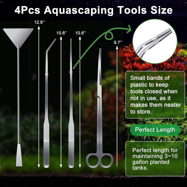 4Pcs Aquascaping Tools,  Aquascape Kit, Long and Strong Aquarium Tweezers, Scissors, Algae Scraper, Aquarium Plant Tools, Fish Tank Plant Trimming Kit