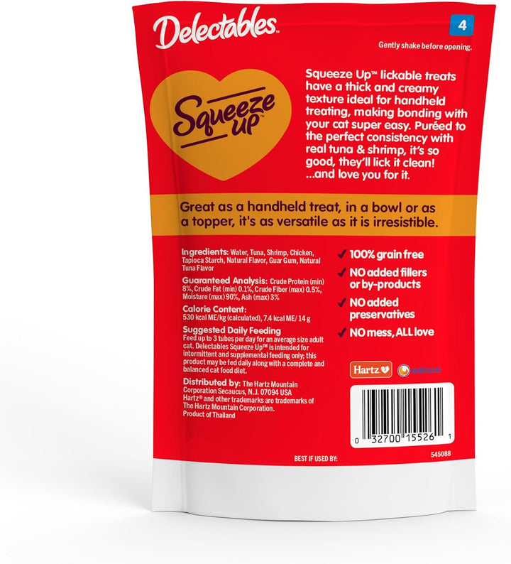 Delectables Squeeze up Creamy Squeezable Puree, Lickable Wet Cat Treats, Grain Free, No Added Fillers, No By-Products, No Added Preservatives, 0.5 Ounces Tuna & Shrimp, 32 Tubes Total