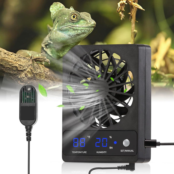 Reptile Tank Fan with Thermometer & Hygrometer | LED Display, Auto Ventilation for Enclosures & Terrariums