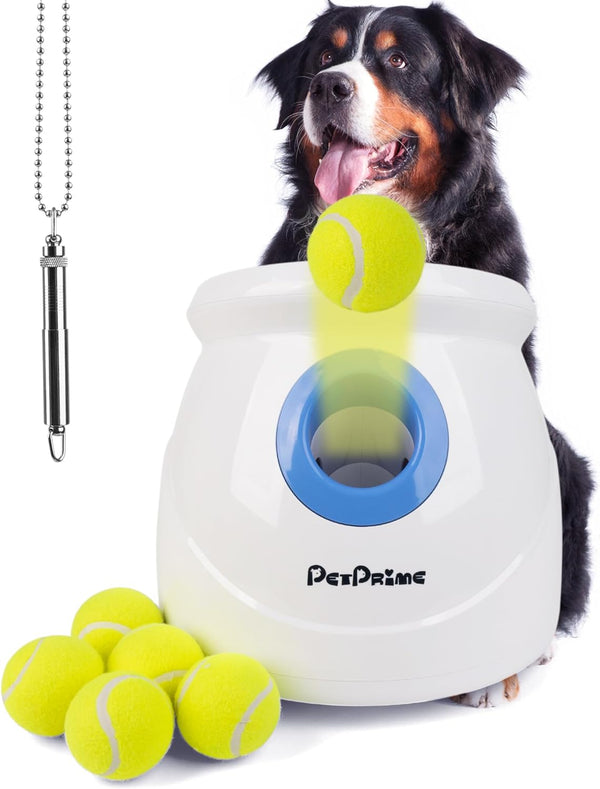 Dog Automatic Ball Launcher for Large Dogs Ball Thrower Machine Outdoor Indoor Use Interactive Dog Toy Adjustable Distance 10-40Ft - Included 6 PCS 2.5” Tennis Balls and a Whistle
