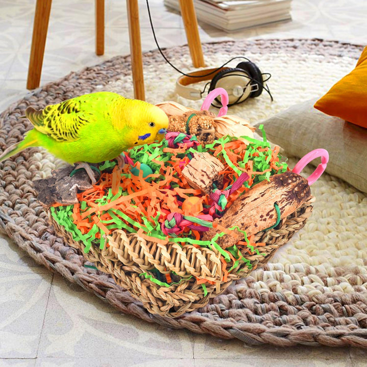 Bird Toys, Parakeet Grass Mat Foraging Toy Parrot Shredding Hanging for Cockatiel Lovebird Parakeet Budgie Small-Medium Birds