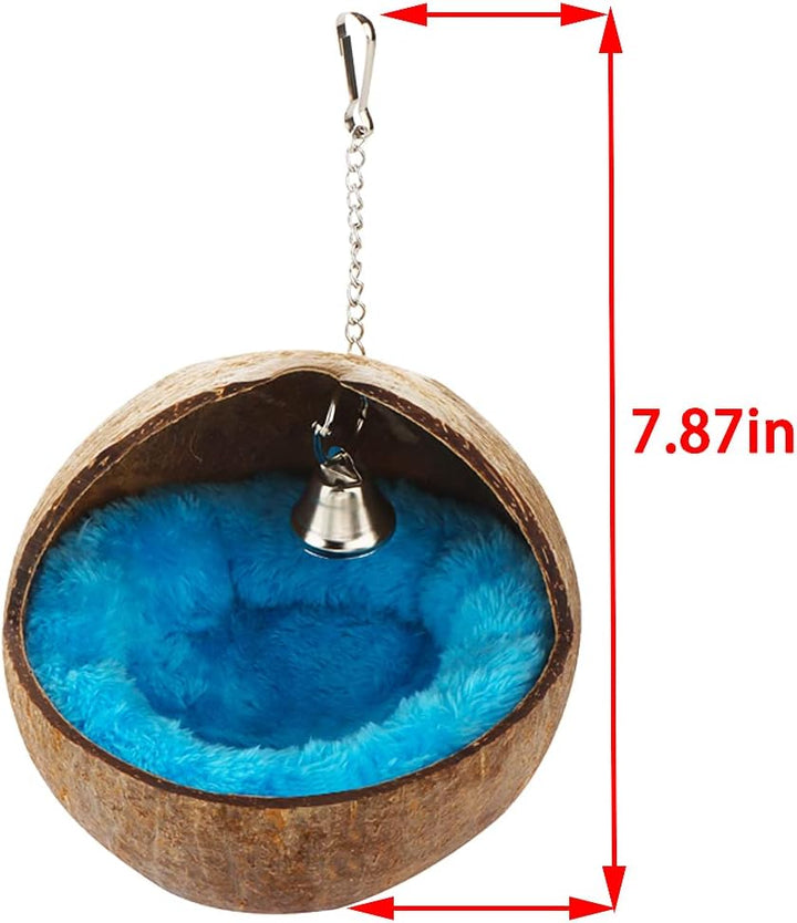 2 Pcs Natural Coconut Shell Bird Nest House Bed Breeding Nesting Anti-Pecking Bite with Warm Pad and Bell for Bird Parrot Budgie Parakeet Cockatiel Conure Lovebird Canary Finch