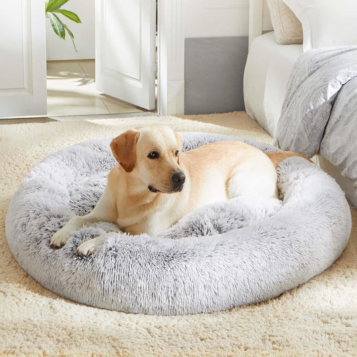 Calming Soft round Dog & Cat Bed, Anti-Anxiety Donut Cuddler Warming Cozy Fluffy Faux Fur Plush Cushion Bed for Small Medium Dogs and Cats (20"/24"/27"/30"), Light Grey