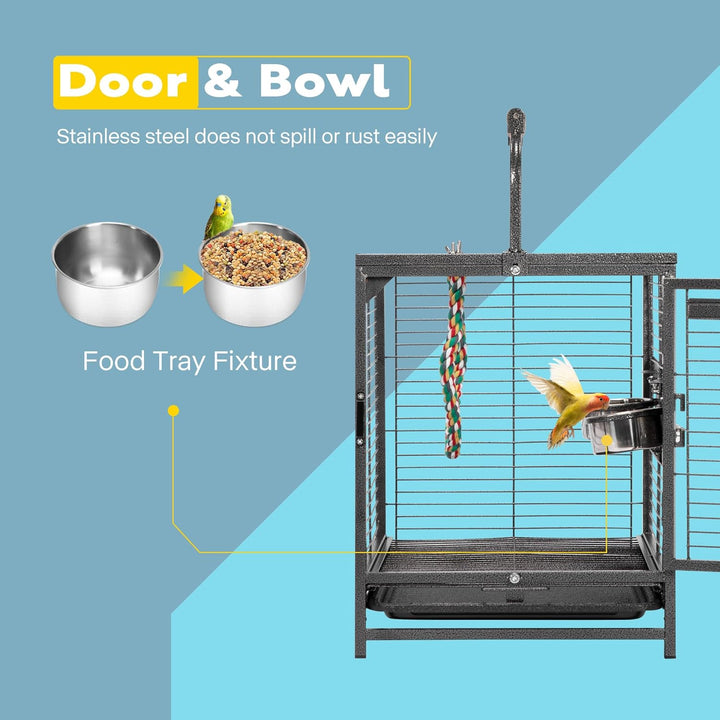 19 Inch Wrought Iron Bird Travel Carrier Cage for Parrots Conures Lovebird Cockatiel Parakeets Black