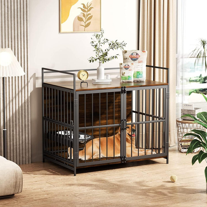 Furniture Style Large Dog Crate with 360° & Adjustable Raised Feeder for Dogs 2 Stainless Steel Bowls -End Table House Pad, Indoor Use,41" L X 24" W 36" H, Classic Brown