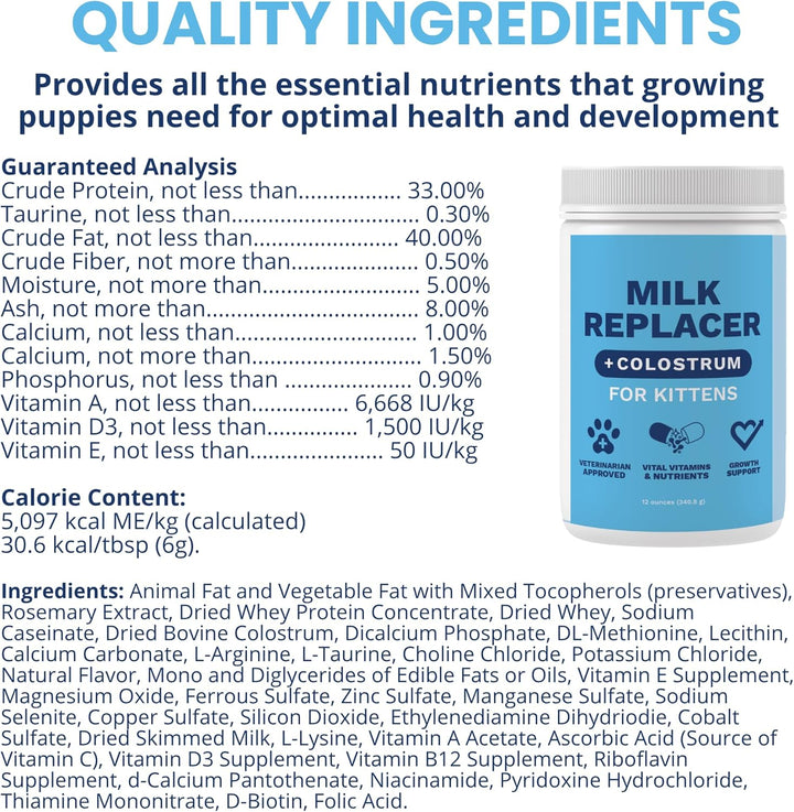 Kitten Milk Replacer Powder + Colostrum | Kitten Milk Replacement Formula | Nutrient-Rich Formula with Colostrum for Immune & Digestive Support – 12 Oz