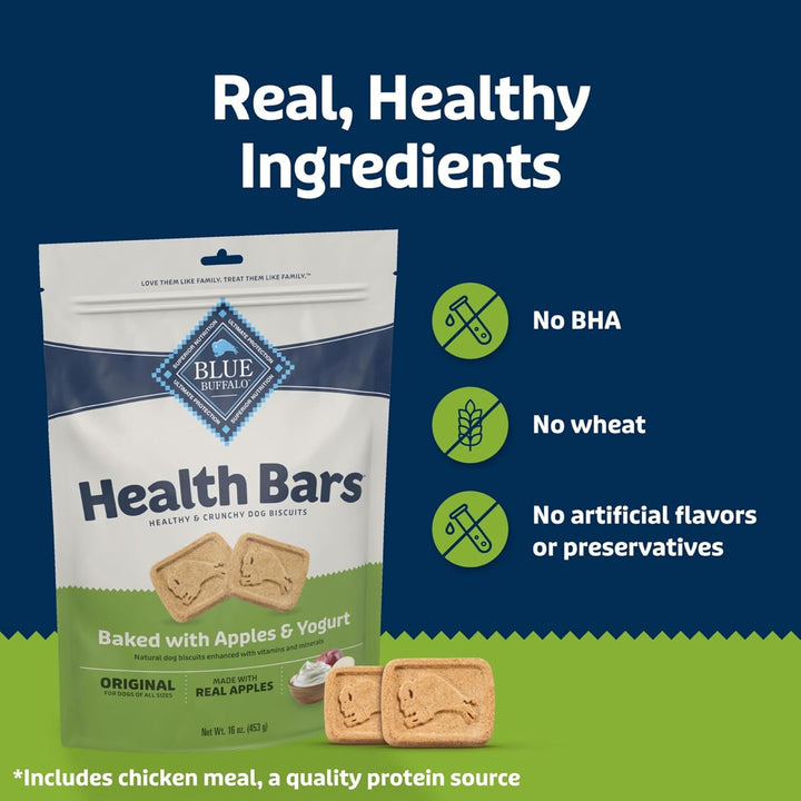 Health Bars Mini Crunchy Dog Biscuits, Oven-Baked with Natural Ingredients, Apples & Yogurt, 16-Oz Bag