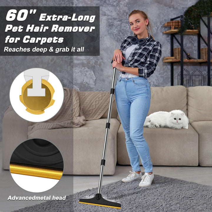 Carpet Rake for Pet Hair Removal, Reusable Pet Hair Remover with 60” Adjustable Long Handle, Carpet Scraper Dog Cat Hair Remover Tool for Rugs, Mats