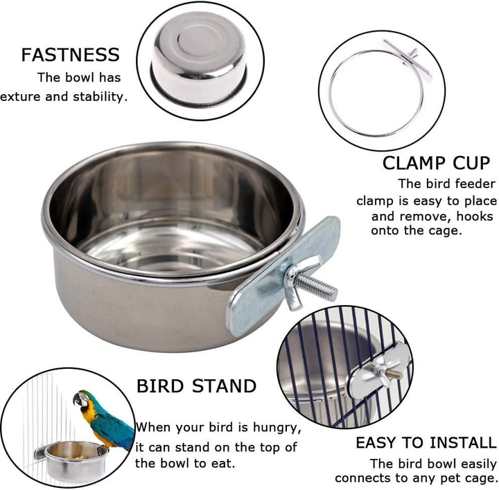 Bird Feeding Dish Cups Parrot Food Bowl Clamp Holder Coop Cup, 2PCS Bird Cage Water Bowl for Parakeet African Greys Conure Cockatiels Lovebird Budgie Chinchilla