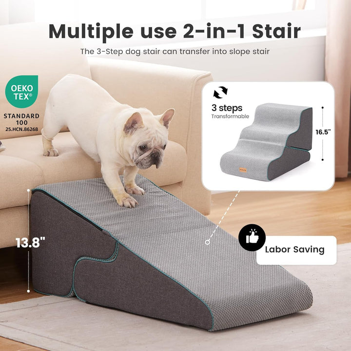 Dog Stairs for Small Dogs 16.5" H, 2 in 1 Transformable 3-Step Pet Stairs and Ramp, Dog Steps for Couch (13-20 In) with Durable Non-Slip Waterproof Cover and Certipur-Us Certified Foam