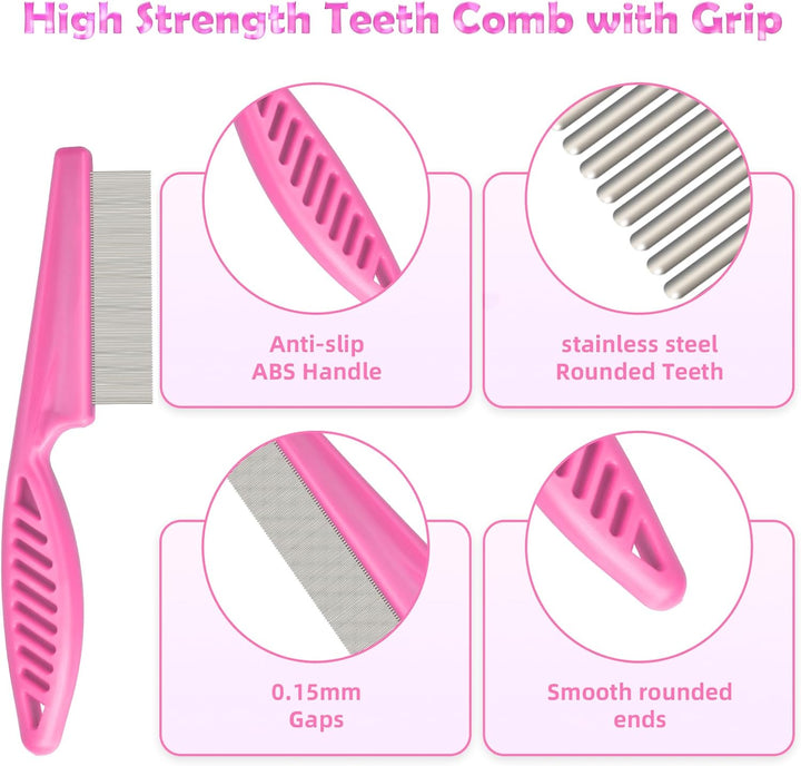 Flea Comb Set for Cats & Dogs - 6 Pack Pet Grooming for Small, Medium & Large Pets (Pink)