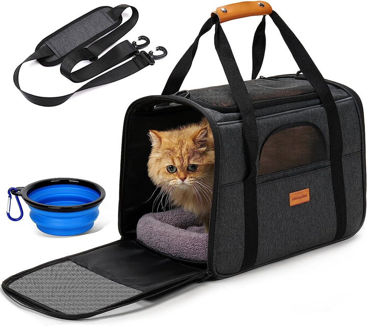 Cat Carrier - Soft Sided Cat Carrier Large for Big Medium Cats and Puppy up to 18Lbs, Pet Carrier with Safety Zippers, Foldable Bowl, Airline Approved Large Dog Carrier - Dark Gray