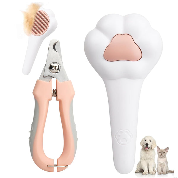 Self-Cleaning Cat Brush with Cat Nail Clipper 2-Pieces Set, Daily Cleaning Grooming Kit for Small and Medium-Sized Dogs and Cats, Designed to Remove Shedding Fur and Trim Sharp Claws of Your Pets