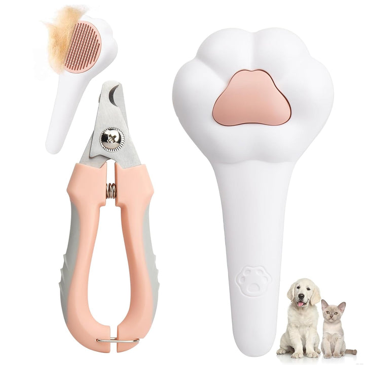 Self-Cleaning Cat Brush with Cat Nail Clipper 2-Pieces Set, Daily Cleaning Grooming Kit for Small and Medium-Sized Dogs and Cats, Designed to Remove Shedding Fur and Trim Sharp Claws of Your Pets