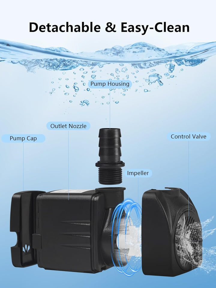 Fountain Pump, 400GPH Submersible Water Pump Outdoor, Ultra Quiet Water Fountain Pump with 6.5FT High Lift, 3 Nozzles for Pond Waterfall, Fish Tank, Aquarium, Hydroponics