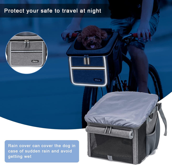 Dog Bike Basket, Soft-Sided Dog Bike Carrier with 4 Mesh Windows for Small Dog Cat Puppies - Grey