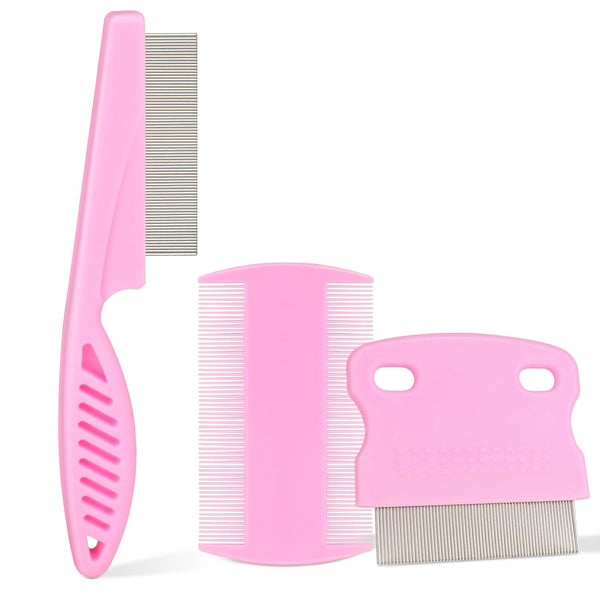 Flea Comb for Dogs and Cats - Lice Comb with Rubber Handle - Promotes Hair Growth and Removes Loose Hair, Knots, and Flakes Flea Brush for Pets(3P,Pink)