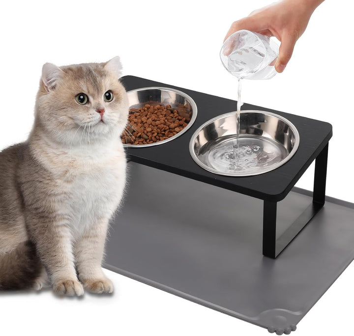 Upgraded Elevated Cat Bowls with Food Mat,15°Tilted Stand anti Vomiting Raised Cat Dishes for Food and Water,2 Stainless Steel Bowls for Cats and Puppy